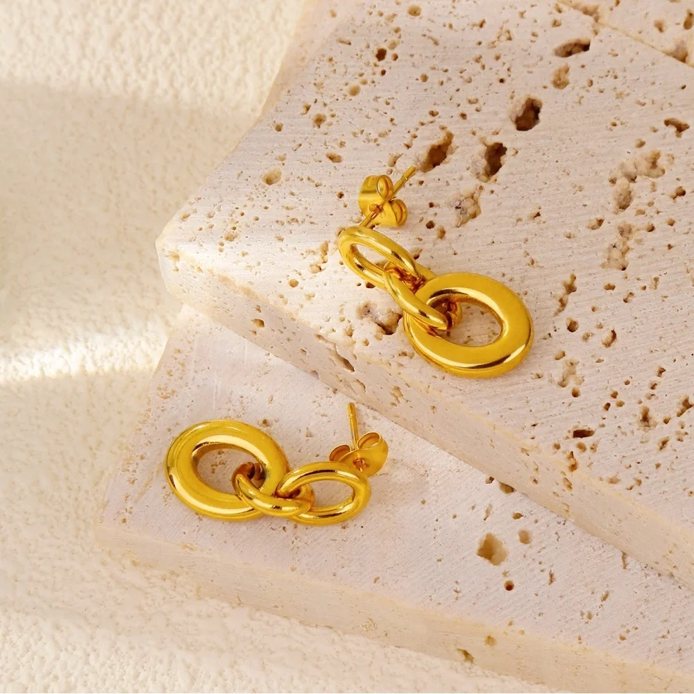 18K Gold Double Hoop Drop Earrings*Everyday Earrings*Waterproof and Tarnish Free - Picture 4 of 7